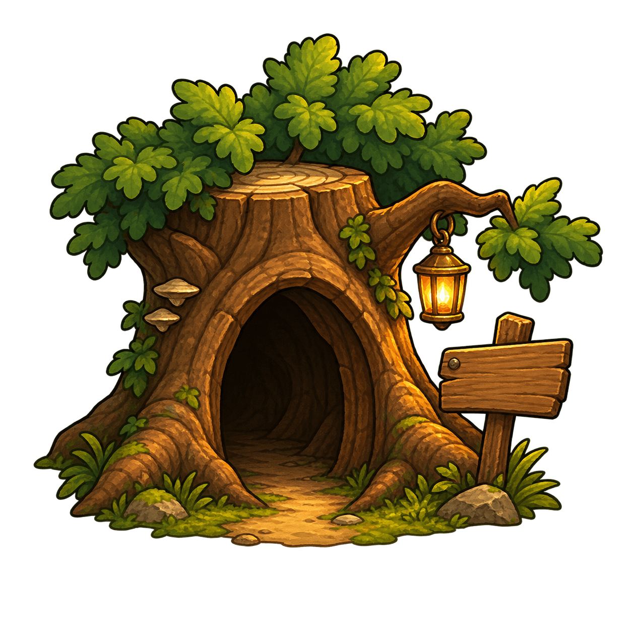 A lantern lights the empty hideout